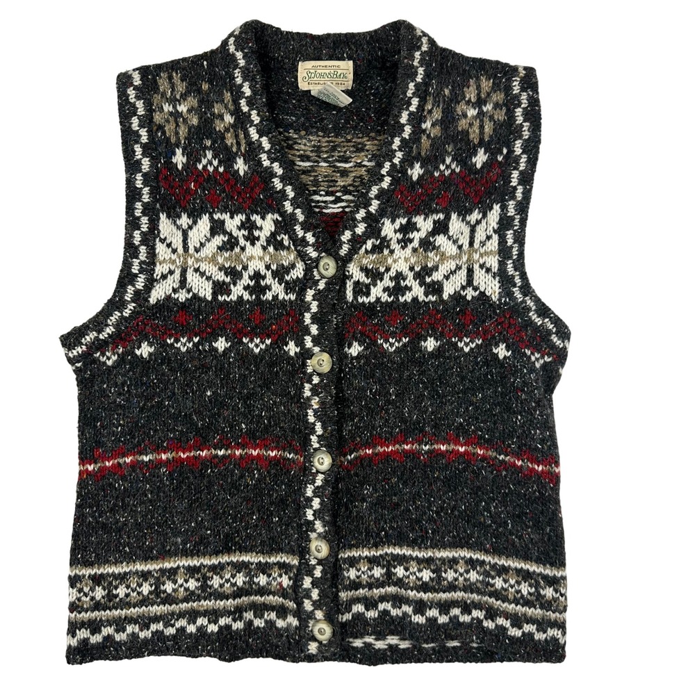 St Johns‎ Bay Sweater Vest Womens PL Large Grey Fair Isle Knit Button Up Acrylic